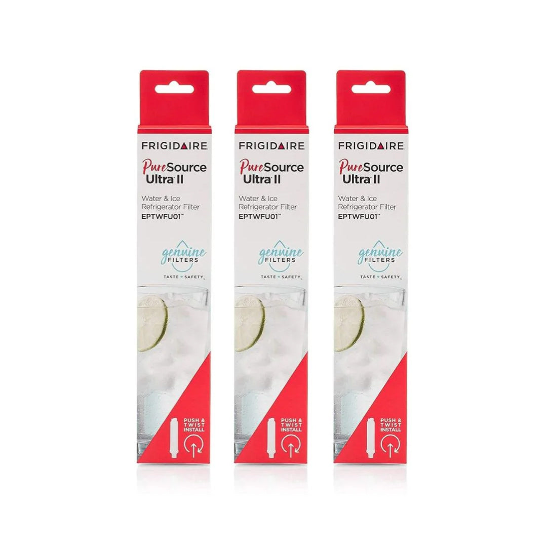 Three Frigidaire PureSource Ultra II EPTWFU01 refrigerator water filter boxes neatly lined up in a row